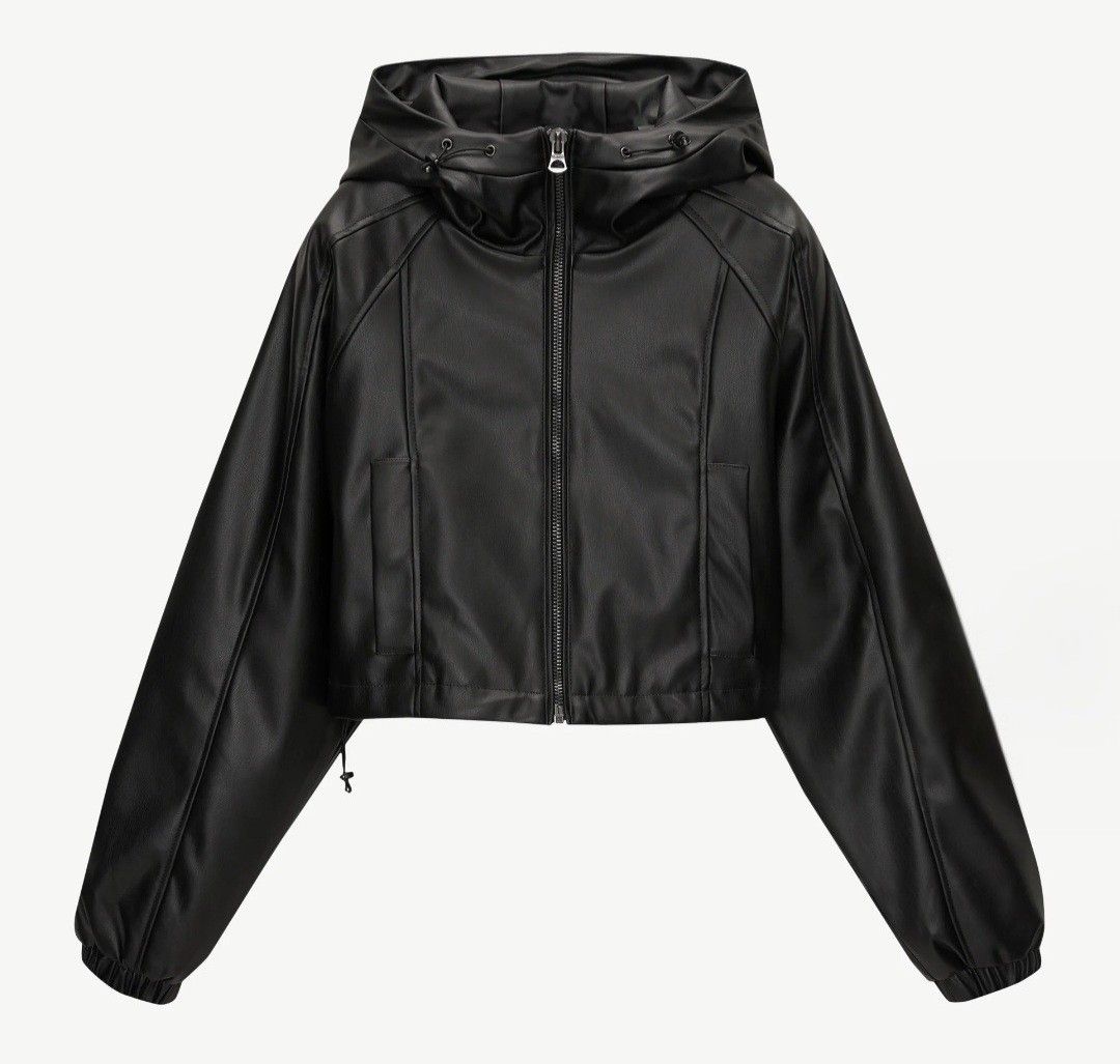 ‼️10%‼️PULL & BEAR Faux Leather Cropped Hoodie Bomber Jacket (Category: Coats, Jackets and Outerwear) located in Manila. Submitted by dcory (Listing ID 1455427304, Image 2). Description: Used 3x (when I traveled to Taiwan last March 2026).