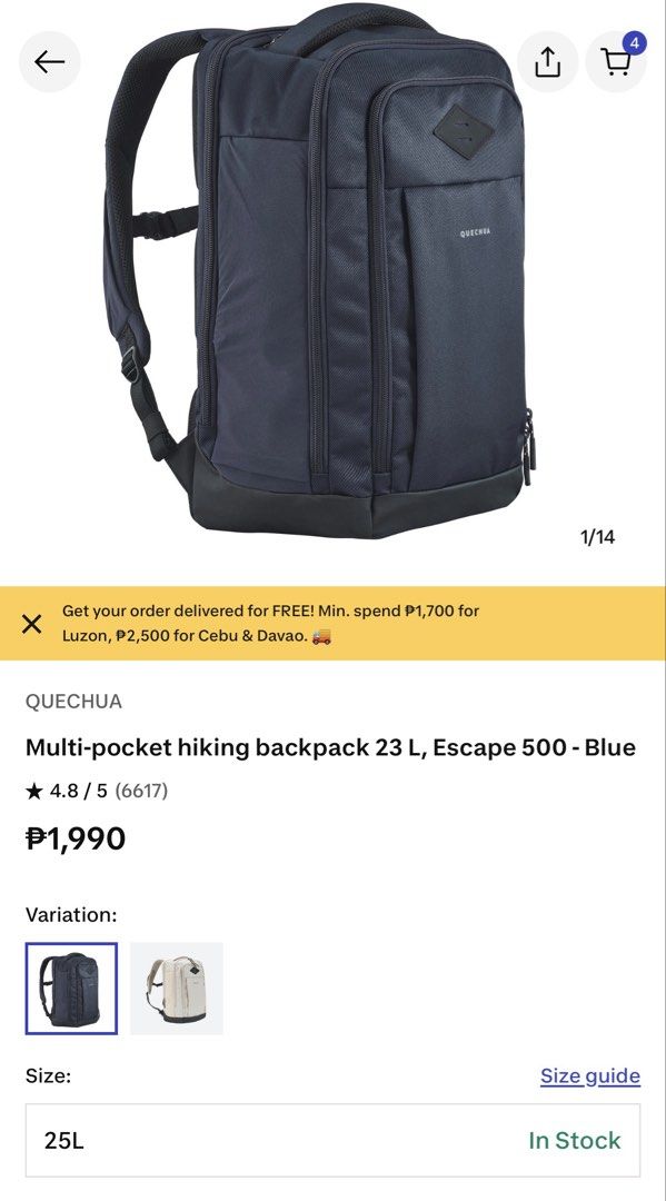 Quechua 23L Multi-pocket Hiking Backpack Escape 500 Blue (Category: Backpacks) located in Dasmarinas. Submitted by prelovedbyaaangel (Listing ID 1455469776, Image 3). Description: Barely used Original price 1990 - Blue Quechua hiking backpack - 23L capacity - Multiple pockets for easy organization - Padded straps and back panel for maximum comfort - Side pocket designed to fit a water bottle - Ideal for day hikes and travel adventures.