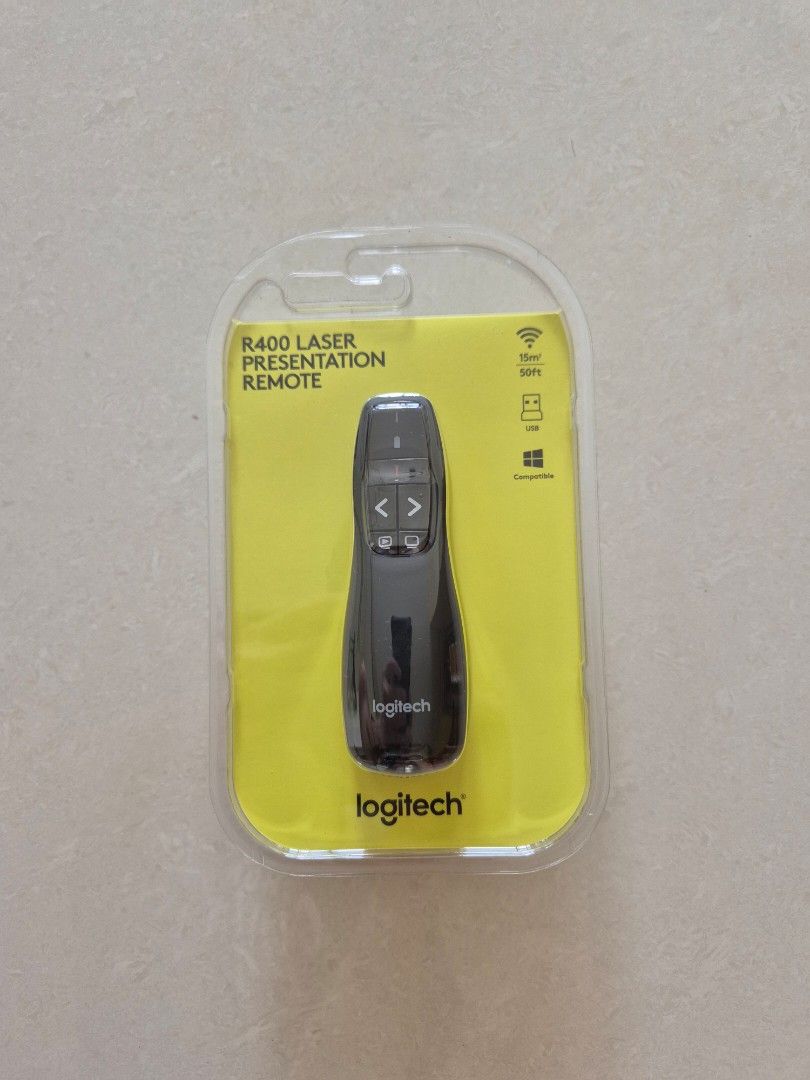 Logitech Laser Pointer. (Category: Office & Business Technology) located in Singapore. Submitted by applellee (Listing ID 1455353239, Image 1). Description: - Logitech R400 Laser Presentation Remote - Includes original packaging - Features a laser pointer for presentations - Red laser pointer, easy to see. - Comfortable and easy to operate - Ideal for professional presentations.