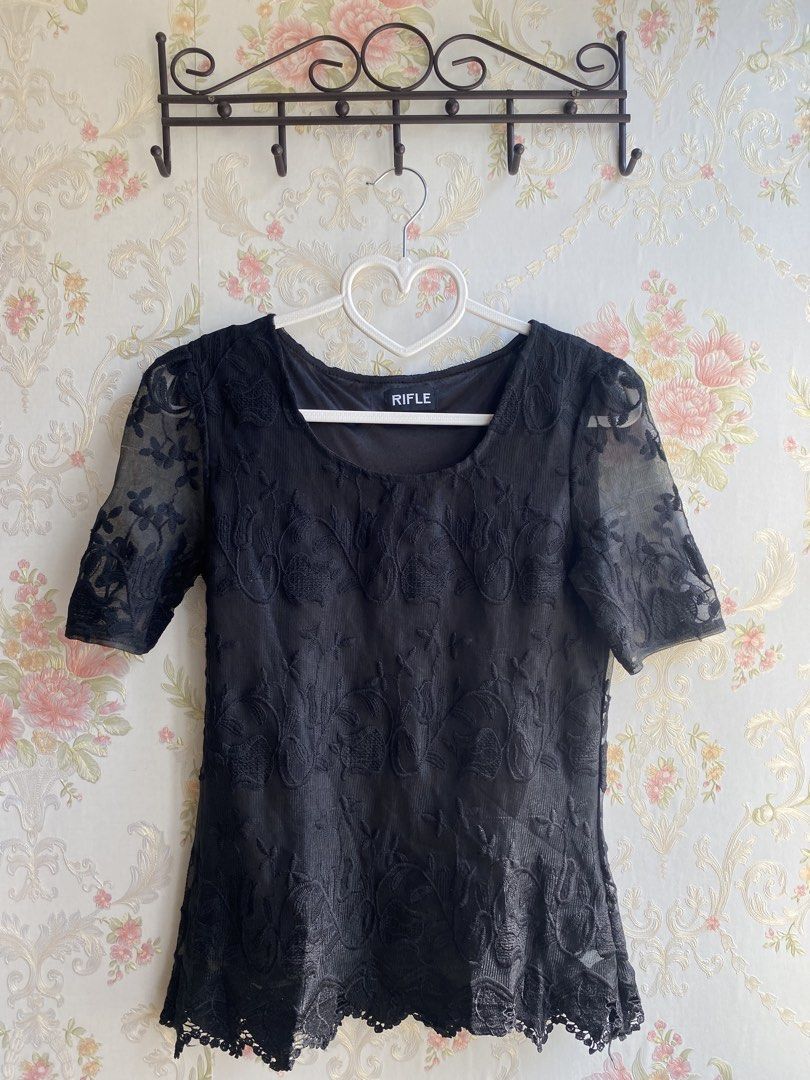 RIFLE Black Lace Short Sleeve Top (Category: Blouses) located in Bulacan. Submitted by str4wberryjj (Listing ID 1455330293, Image 1). Description: - super pretty lace details - minor flaw sa 2nd pic (not noticeable naman when you wear it) .