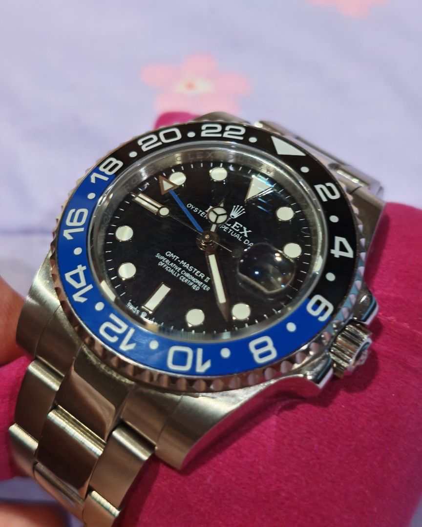 Rolex GMT-Master II Black Blue Ceramic Bezel Automatic batman Watch (Category: Luxury Watches) located in Pasay City. Submitted by alphaq21 (Listing ID 1455499535, Image 1). Description: rolex batman 1.:1 copy 3285 gmt function same as authentic. 904L stainless steel. lightly used no scratches pasay city .