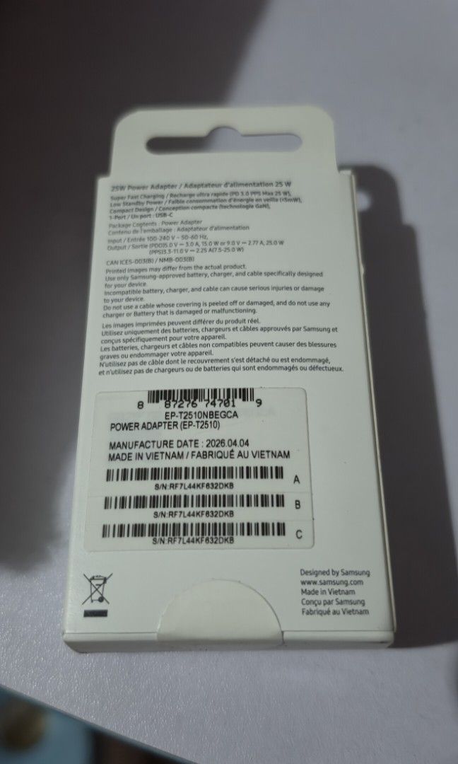 Samsung 25w charger (Category: Chargers) located in San Juan City. Submitted by mace_1008 (Listing ID 1455498235, Image 3). Description: Original Samsung 25w charger Brand new, sealed Low standby, fast charger Rfs: have too many chargers already Available for meetup or shipping.