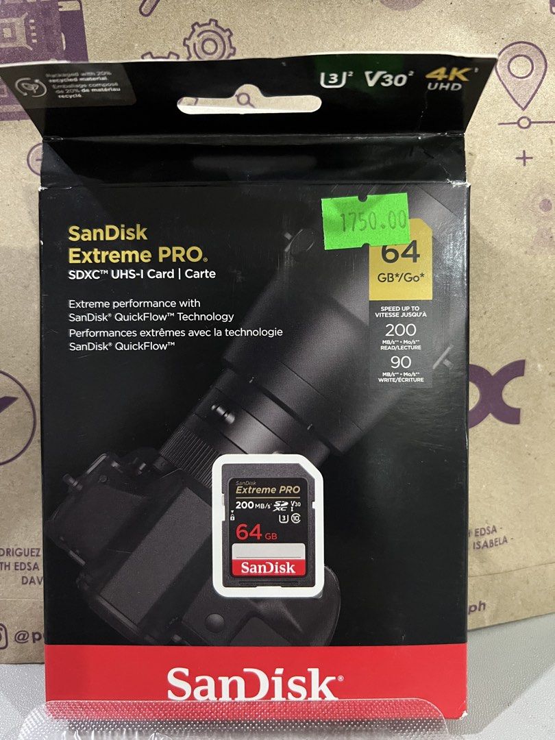SanDisk 64gb SD Card (Category: Memory & SD Cards) located in Quezon City. Submitted by ellegregs (Listing ID 1455485691, Image 2). Description: Original price: ₱1,750 Selling price: ₱1,300 * Used once only * Still under warranty * Bought on August 7, 2026 * Purchased from PCWORX SM Fairview Branch RFS: No longer needed. .