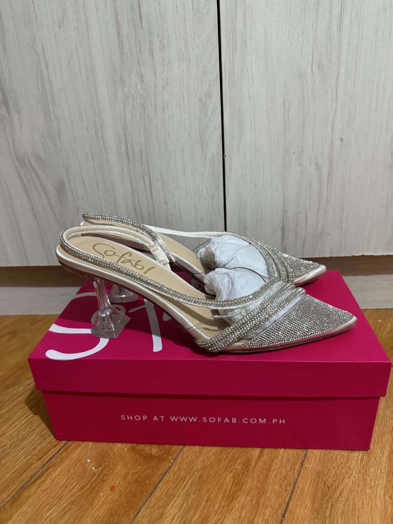 SO FAB Silver Embellished Slingback Heels (Category: Heels) located in Paranaque City. Submitted by shopnichoppy (Listing ID 1455342523, Image 2). Description: - Brand: SO FAB - Style: Sparkly Silver Slingback Heels - Size: 39 - Features: Pointed toe, clear block heel - Embellishments: Rhinestones all over front straps and toe - Includes: Original box Used once .