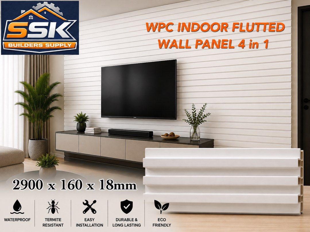 SSK Builders Supply WPC Indoor Fluted Wall Panel 4 in 1 (Category: Wall Decor) located in Manila. Submitted by shiela_00 (Listing ID 1455347542, Image 2). Description: ✨WPC INDOOR FLUTED WALL PANEL 4-IN-1✨ Elevate Your Space with Modern, Stylish Walls! Upgrade your interiors effortlessly with our premium WPC Fluted Wall Panels – the perfect blend of beauty and durability! ✅ 4-in-1 Design: One panel covers more area, faster & easier installation ✅
