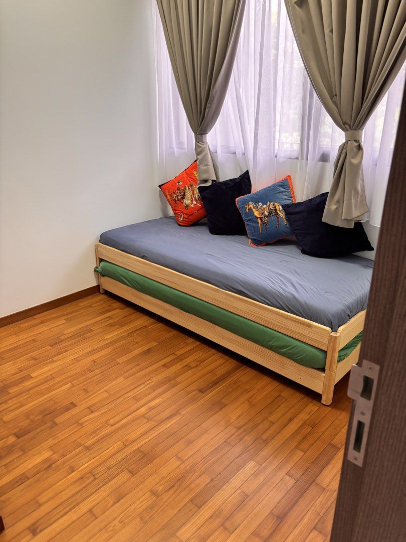 Stackable single bed (Category: Bed Frames & Mattresses) located in Singapore. Submitted by noufissab43981 (Listing ID 1455364705, Image 1). Description: Rarely used stackable beds. Can also be used as queen size bed .
