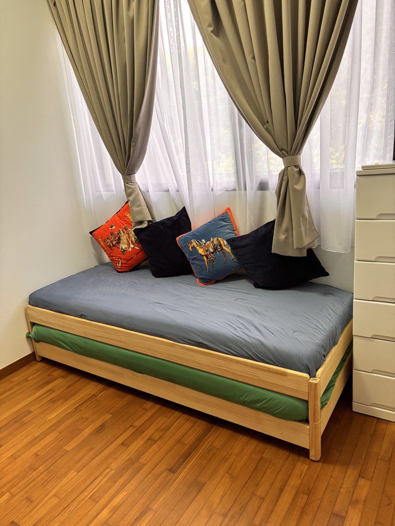 Stackable single bed (Category: Bed Frames & Mattresses) located in Singapore. Submitted by noufissab43981 (Listing ID 1455364705, Image 2). Description: Rarely used stackable beds. Can also be used as queen size bed .