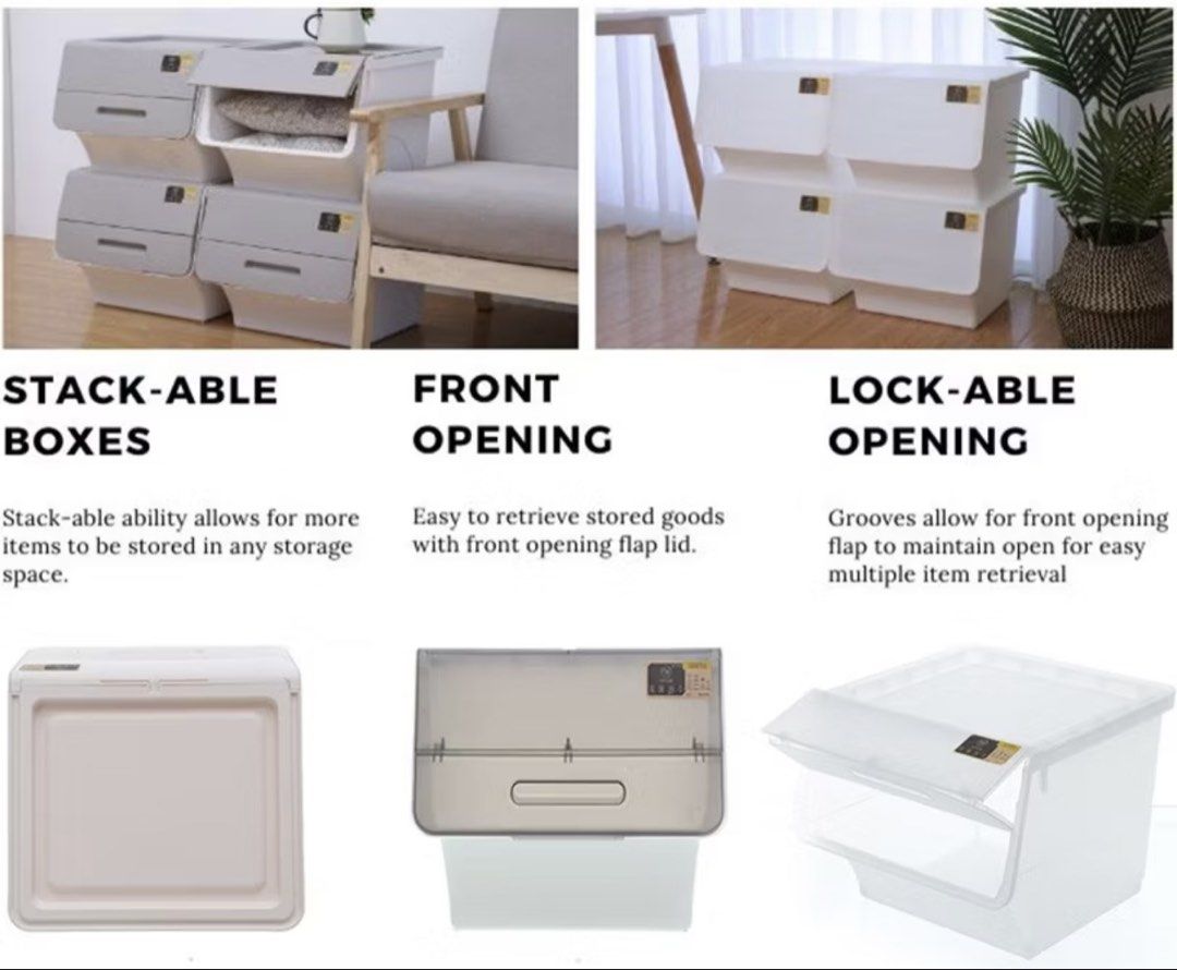 Stackable Storage Boxes with Front Opening Lid (Category: Storage Boxes & Baskets) located in Singapore. Submitted by 50sell50 (Listing ID 1455425652, Image 3). Description: Grey colour. Top cover is dented for 2pcs. Not for fussy, Self collect at cck. 6pcs for $20..