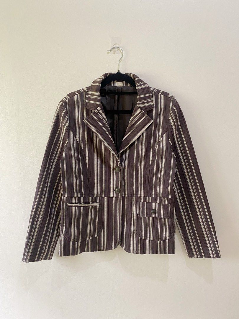 Striped Blazer Jacket (Category: Coats, Jackets and Outerwear) located in Manila. Submitted by babaromarleyfico (Listing ID 1455342620, Image 1). Description: - Classic blazer with vertical stripes - Color: Dark brown with white and lighter brown stripes - Closure: Two-button front - Pockets: Two flap pockets on lower front - Interior: Fully lined - Style: Great for smart casual or work wear.