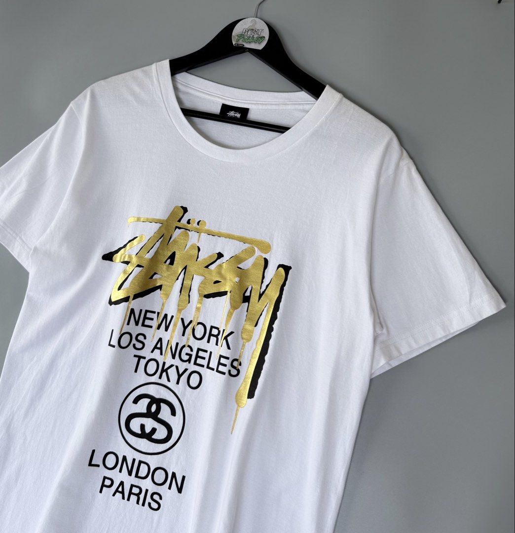 Stussy gold logo (Category: Tshirts & Polo Shirts ) located in Cebu City. Submitted by bestpicked (Listing ID 1455405438, Image 2). Description: Authentic Excellent condition Size Medium on tag Dimension 20x27 inches No issue Location- Cebu City We ship nationwide Mod payment - Bank transfer/Gcash.