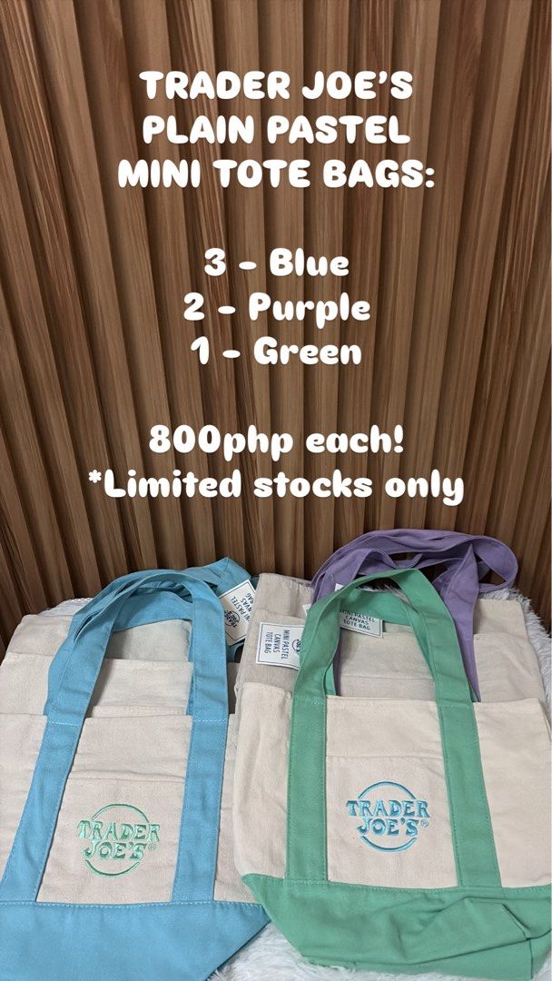 TRADER JOE’S PLAIN PASTEL MINI CANVAS TOTE BAG (Category: Tote Bags) located in Imus. Submitted by dumpitlikeaqueen (Listing ID 1455434716, Image 1). Description: • From California, USA • Limited stocks only • AVAILABLE: 3-Blue, 1-Green, 1-Purple • Open for layaway • Instagram Shop: @dumpitlikeaqueen.