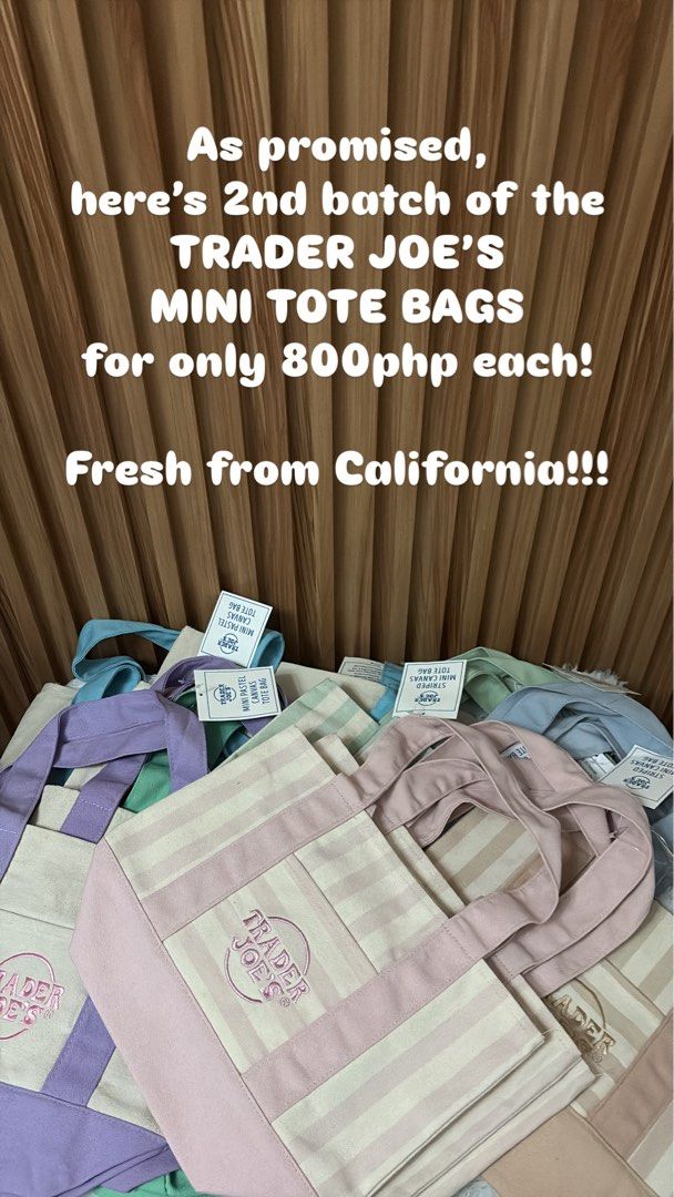 TRADER JOE’S PLAIN PASTEL MINI CANVAS TOTE BAG (Category: Tote Bags) located in Imus. Submitted by dumpitlikeaqueen (Listing ID 1455434716, Image 2). Description: • From California, USA • Limited stocks only • AVAILABLE: 3-Blue, 1-Green, 1-Purple • Open for layaway • Instagram Shop: @dumpitlikeaqueen.