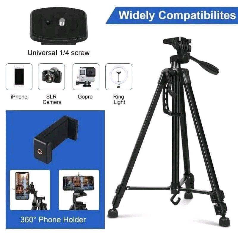 Tripod 3366 Adjustable Camera Stand with Phone Holder (Category: Tripods & Monopods) located in Manila. Submitted by marvieobordo (Listing ID 1455369261, Image 1). Description: - Adjustable height: Extends from 50cm to 140cm - Durable material: Made of lightweight aluminum alloy - Enhanced stability: Features a built-in level meter and a hook for added weight - Versatile phone holder: Includes a 360° rotating phone mount - Universal compatibility