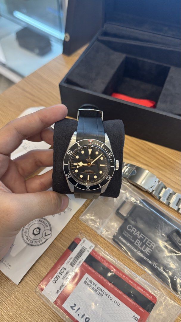 Tudor Black Bay 41mm (Category: Luxury Watches) located in Quezon City. Submitted by xxxjoy.a (Listing ID 1446925498, Image 2). Description: For sale: Tudor Black Bay Model: 79230N Reference: I891101 Size: 41mm Slightly used All original box and cards Original stainless steel bracelet (with protection film) Original rubber (crafter blue divers) Original tag Well tested from witschi waterproof test and timegraph 1 year service warranty .