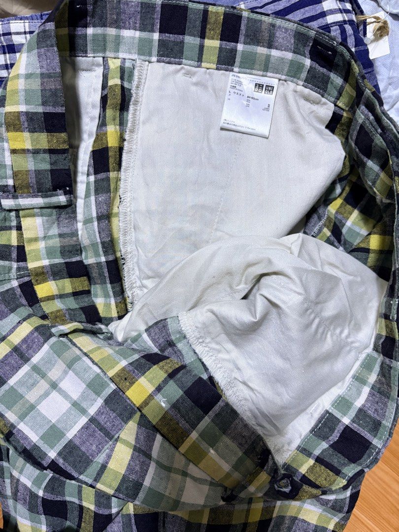 Uniqlo Linen Plaid Shorts (Category: Shorts) located in Paete. Submitted by skydruemadison (Listing ID 1455470099, Image 3). Description: - Uniqlo Line Shorts - Classic plaid pattern in green, yellow, and black - Belt loops and button closure - Two back pockets with button details - Comfortable for everyday wear and casual outings.