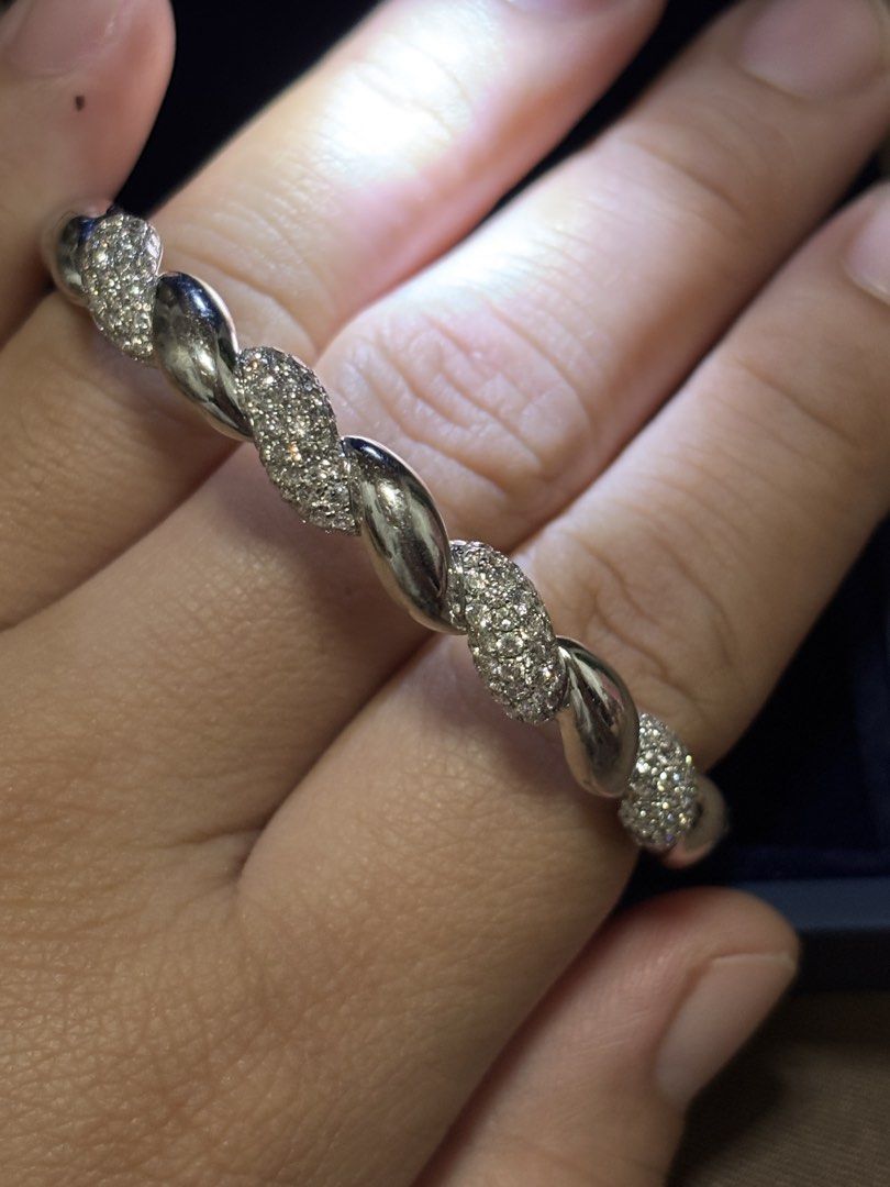 White Gold Bangle with Diamonds (Category: Bracelets) located in San Juan City. Submitted by prelaabthings (Listing ID 1455427009, Image 3). Description: Bangle Bracelet in 18k White Gold 17.9 grams white gold with 2.96 carat diamond (can be seen in photos) With q symbol after the 750 hallmark. as per research it is under Bvlgari. Can be checked actual. Issue: Missing Diamond 1pc Replaced Diamond 8pcs Minimal Discolouration due to repair of one j