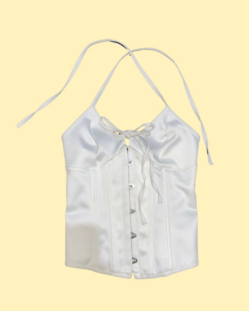 White Halter Corset Top (Category: Sleeveless) located in Baguio. Submitted by brockhmpton (Listing ID 1455411183, Image 1). Description: xs on tag just tried it on (never been used).