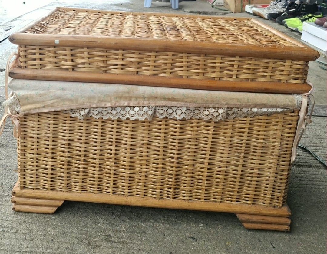 Wicker Storage Basket with Lid and Fabric Liner (Category: Storage Boxes & Baskets) located in Manila. Submitted by glydelmalu86312 (Listing ID 1455369340, Image 2). Description: - Vintage wicker storage chest - Natural woven material with wooden frame - Lined with floral fabric and lace trim - Hinged lid for easy access - Ideal for storing blankets, toys, or household items - Adds rustic charm to any room.