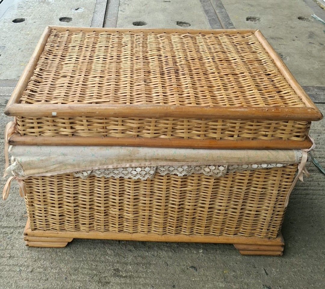 Wicker Storage Basket with Lid and Fabric Liner (Category: Storage Boxes & Baskets) located in Manila. Submitted by glydelmalu86312 (Listing ID 1455369340, Image 1). Description: - Vintage wicker storage chest - Natural woven material with wooden frame - Lined with floral fabric and lace trim - Hinged lid for easy access - Ideal for storing blankets, toys, or household items - Adds rustic charm to any room.