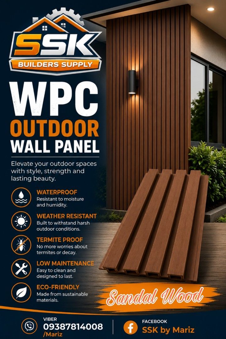 WPC OUTDOOR WALL CLADDING (Category: Construction & Building Materials) located in Manila. Submitted by sskbymariz (Listing ID 1455343985, Image 1). Description: 2900x219x26mm color available: Sandal wood Dark red Golden wood Gray Black accessories: wpc corner profile wpc outdoor clip-stainless.