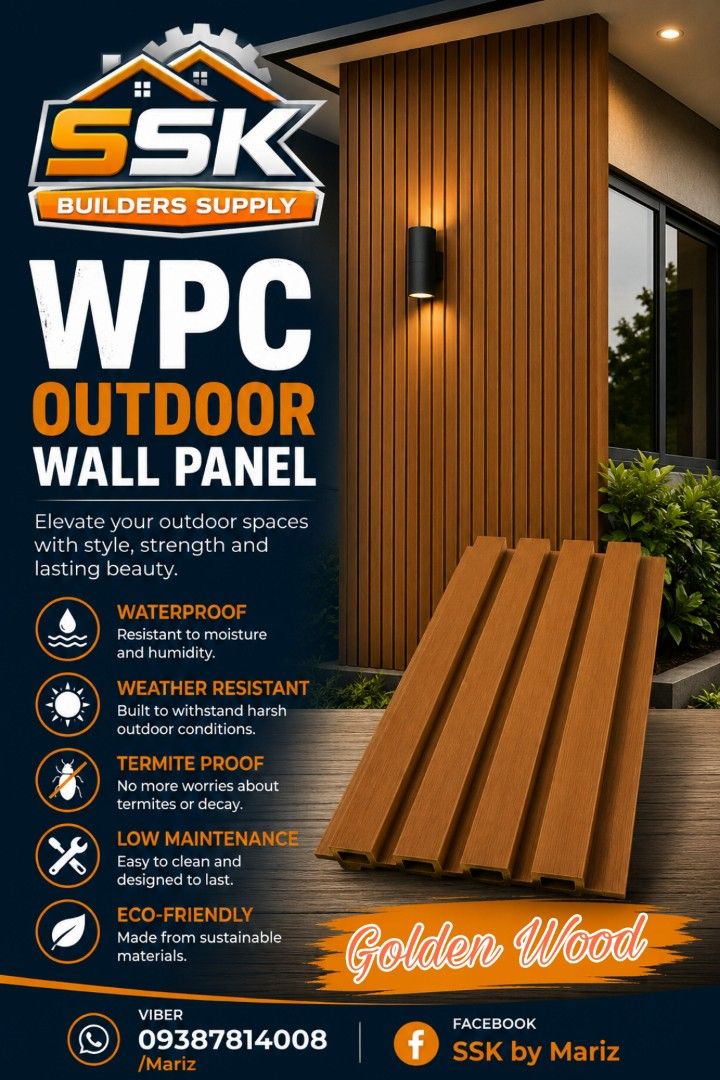 WPC OUTDOOR WALL CLADDING (Category: Construction & Building Materials) located in Manila. Submitted by sskbymariz (Listing ID 1455343985, Image 2). Description: 2900x219x26mm color available: Sandal wood Dark red Golden wood Gray Black accessories: wpc corner profile wpc outdoor clip-stainless.