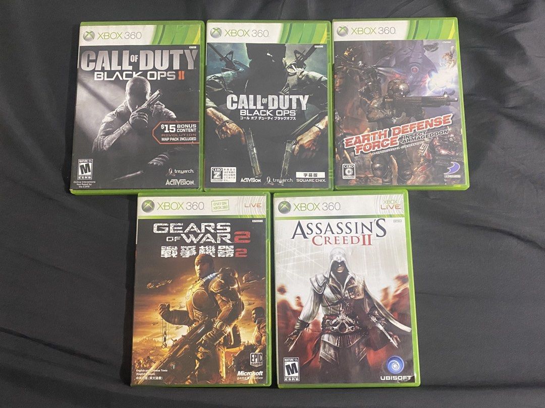 XBOX 360 GAMES (5 CDs) (Category: Xbox) located in Santa Rosa. Submitted by jiminloi (Listing ID 1455347016, Image 1). Description: XBOX 360 CD GAMES COD BLACK OPS (from JAPAN) ₱500 COD BLACK OPS 2 (PH nabili) ₱500 ASSASSIN’S CREED 2 (PH nabili) ₱500 GEARS OF WAR 2 (from JAPAN) ₱500 EARTH DEFENSE FORCE (from JAPAN) ₱300 All in good condition BIÑAN LAGUNA LOCATION .