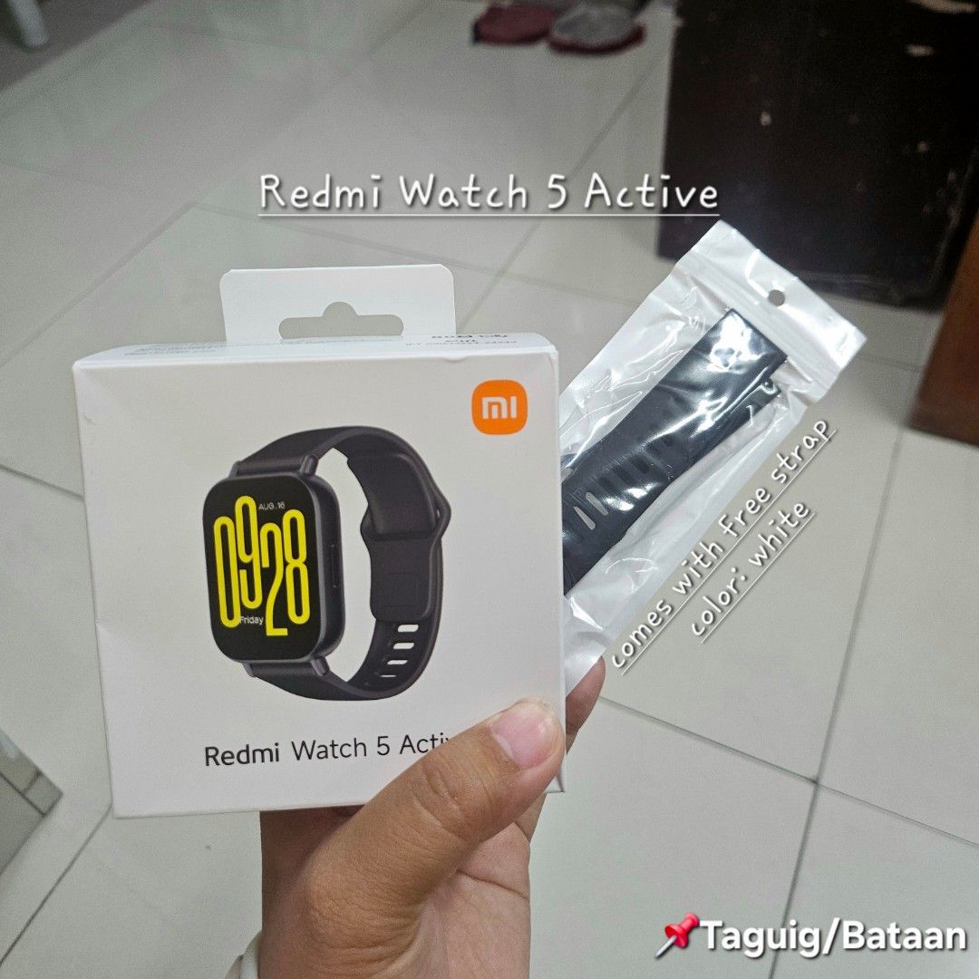 Xiaomi Redmi Watch 5 Active Smartwatch with Free Strap (Category: Wearables & Smart Watches) located in Taguig. Submitted by alelinics (Listing ID 1450348953, Image 1). Description: - Xiaomi Redmi Watch 5 Active - Comes with original box - FREE white strap included - Ideal for fitness and activity tracking - User-friendly and stylish design Xiaomi Active Watch 5 | Black 💸1,800 ❗️1,500 if pickup 📌 Taguig / Bataan ❗️BRANDNEW (Opened only to check
