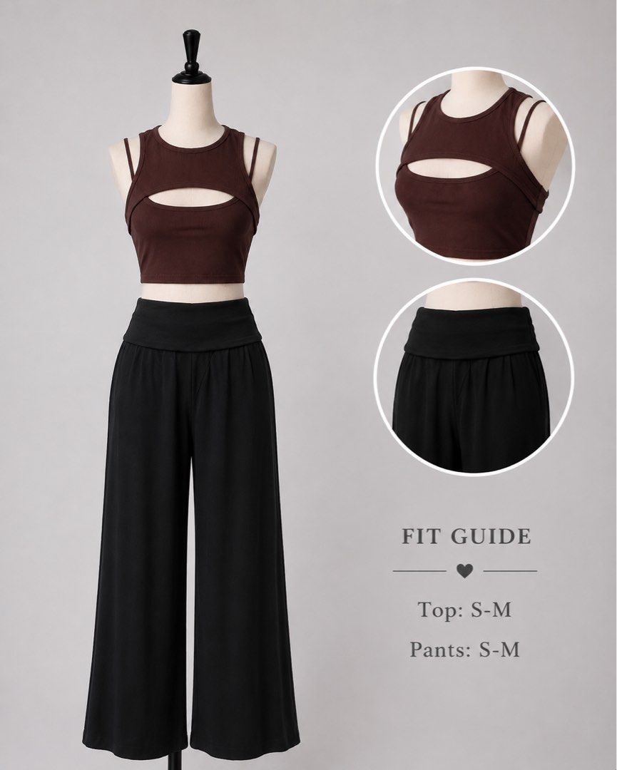 Yoga Pilates Coords (Category: Activewear) located in San Carlos City. Submitted by marakrissel (Listing ID 1455334718, Image 1). Description: - Brand: Shein - Set includes: Brown cutout crop top and black wide-leg pants - Size: S-M (fits both top and pants) - Style: Yoga, Pilates, Activewear, Loungewear - Features: Comfortable, stylish, wide-leg pants for freedom of movement, trendy cutout on top - Condition: Excellent.