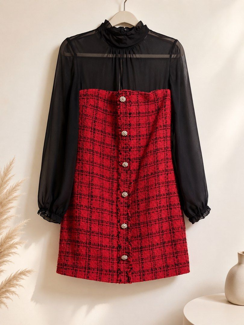 Zara Red Tweed Mini Dress (Category: Dresses) located in Manila. Submitted by theopal (Listing ID 1455333811, Image 3). Description: * Color: Red with black plaid/tweed texture * Style: Elegant, feminine mini/A-line dress * Upper: Sheer black mesh bodice with a gathered high-neck collar * Sleeves: Long, sheer black mesh sleeves with gathered cuffs * Bodice: Fitted red tweed bodice that creates a flattering waistline * Skirt: Slightly flared A-lin