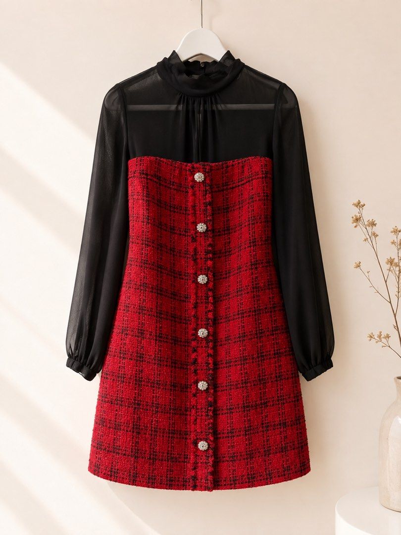 Zara Red Tweed Mini Dress (Category: Dresses) located in Manila. Submitted by theopal (Listing ID 1455333811, Image 2). Description: * Color: Red with black plaid/tweed texture * Style: Elegant, feminine mini/A-line dress * Upper: Sheer black mesh bodice with a gathered high-neck collar * Sleeves: Long, sheer black mesh sleeves with gathered cuffs * Bodice: Fitted red tweed bodice that creates a flattering waistline * Skirt: Slightly flared A-lin
