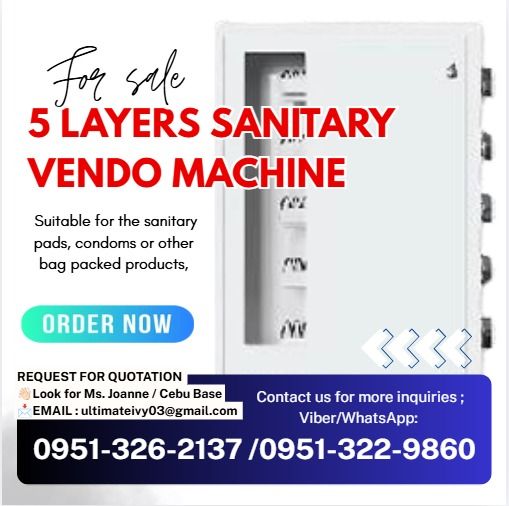 5 Layers Sanitary Vendo Machine (Category: Construction Tools & Equipment) located in Caloocan City. Submitted by lyracrimso54467 (Listing ID 1455561319, Image 1). Description: 1. Machine Size: 52*80*12.5cm (W*H*D), N.W:20kg, G.W:21kgs 2. Selections: 5types, column length 370mm 3. Capacity: 8-20pcs of each, total40-100pcs 4. Coin mech 1-2coins 5. Full mechanical vending machine, 5 columns are worked with 4coin mechs, only accept coins 7. Suitable