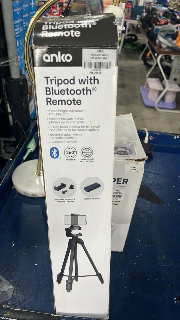 Anko Tripod with Bluetooth Remote (Category: Tripods & Monopods) located in Caloocan City. Submitted by hmr.gomez (Listing ID 1455545011, Image 1). Description: - Anko Tripod with Bluetooth Remote - Adjustable Height: 41.5cm to 136.5cm - Phone Compatibility: Up to 9cm wide - 3-Way Head: Tilt, swivel, portrait/landscape options - Universal Attachments: For action cameras - Includes: Bluetooth remote and universal phone clip.