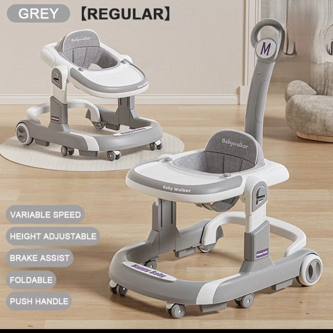 Baby Walker with Push Handle, Adjustable Height, Brake Assist (Category: Infant Playtime) located in Manila. Submitted by mightymountain_47fe28 (Listing ID 1455523489, Image 1). Description: - Grey baby walker - Variable speed and height adjustment - Safety brake assist - Foldable for easy storage - Parent push handle included - Padded seat for comfort - Helps baby learn to walk.