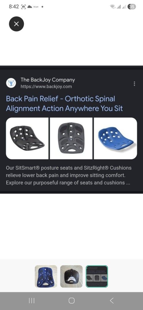 BackJoy SitSmart Posture Seat Blue (Category: Braces, Support & Protection) located in Cabuyao City. Submitted by AR700 (Listing ID 1455615605, Image 3). Description: - Blue back support cushion - Helps relieve back pain - Improves posture - Use on any chair (home, office) - Portable and easy to carry.