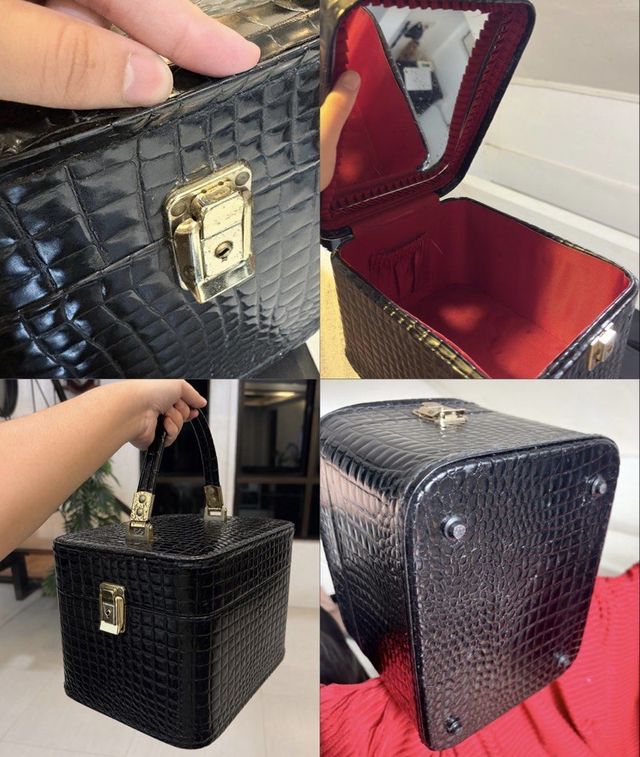 BUNDLE: 1970 Vanity Box & 3layer Train case (Category: Makeup) located in Malvar. Submitted by chatztash (Listing ID 1455434526, Image 1). Description: 1970’s vintage black cosmetic vanity case - faux crocodile skin exterior - gold-tone hardware - fully functional hardware and mirror ❌ 3 layer Vanity train case - Aluminum & Acrylic material - fully functional features - kayo na bahala maglinis nito get both for 1299 rfs: decluttering tags: makeup