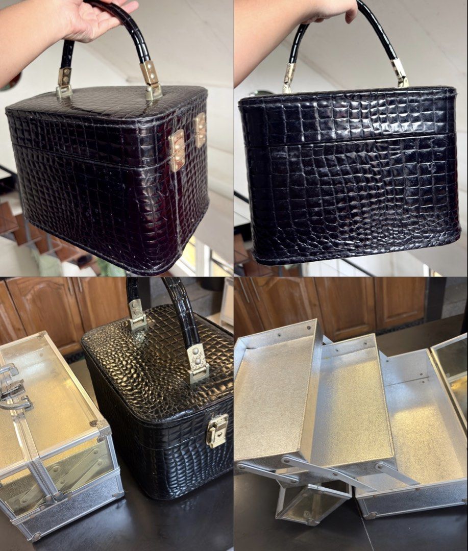 BUNDLE: 1970 Vanity Box & 3layer Train case (Category: Makeup) located in Malvar. Submitted by chatztash (Listing ID 1455434526, Image 3). Description: 1970’s vintage black cosmetic vanity case - faux crocodile skin exterior - gold-tone hardware - fully functional hardware and mirror ❌ 3 layer Vanity train case - Aluminum & Acrylic material - fully functional features - kayo na bahala maglinis nito get both for 1299 rfs: decluttering tags: makeup