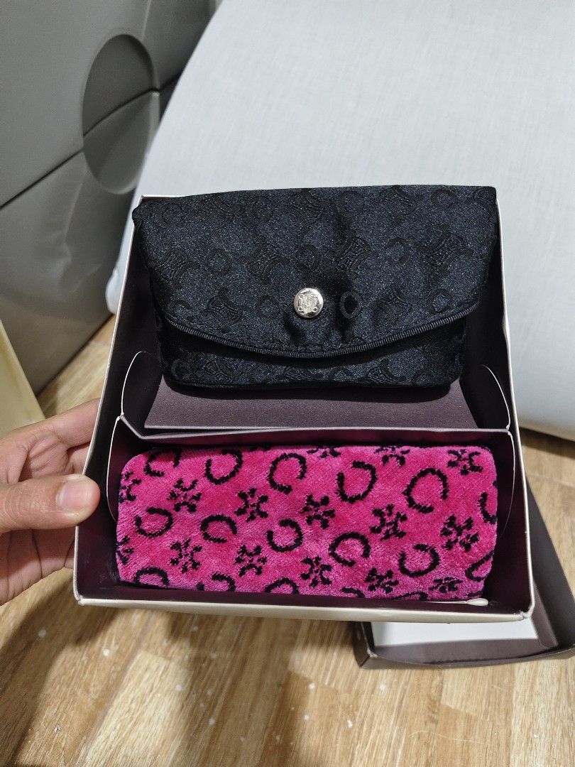 CELINE Accessory Box Set with Pouch and Handkerchief (Category: Luxury Bags & Wallets) located in Makati City. Submitted by abegailbrezuela (Listing ID 1455546115, Image 3). Description: - Authentic CELINE accessory box set - Includes: Black patterned pouch & Pink leopard print handkerchief - Comes in original CELINE box - Box shows some signs of wear - Ideal for organizing small essentials or as a thoughtful gift.