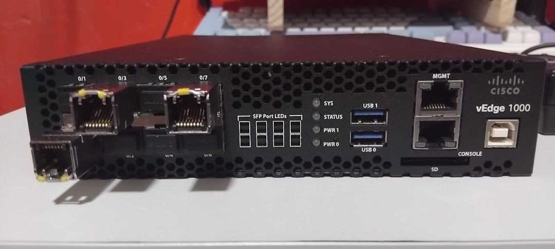 Cisco vEdge 1000 Router with Power Adapters (Category: Networking) located in Quezon City. Submitted by ckonlaynshap (Listing ID 1455522545, Image 1). Description: - Negotiable - Cisco vEdge 1000 Router - Tested and working condition - Includes 2 power adapters - Multiple connectivity ports: SFP, USB, MGMT, Console - Ideal for various network configurations.