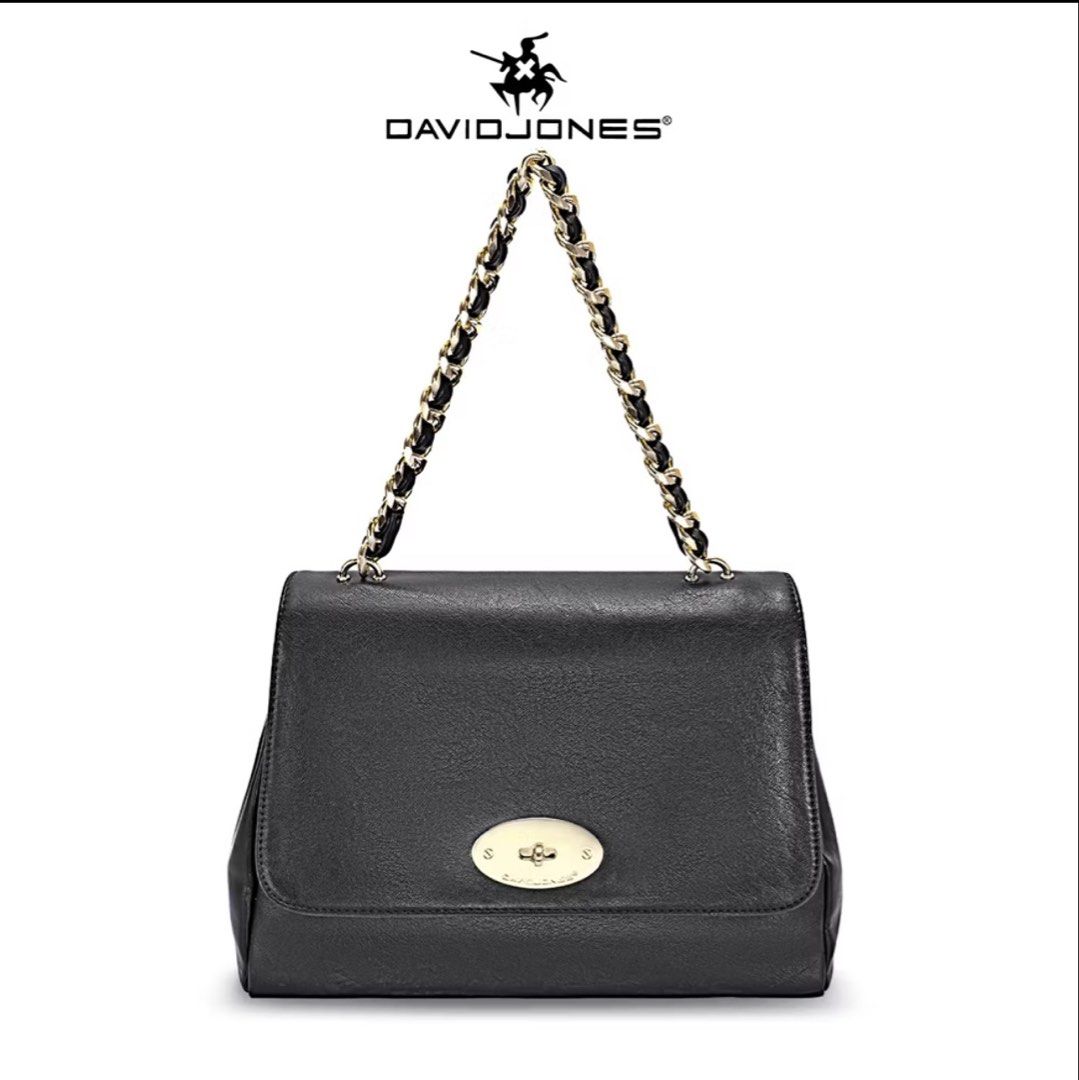 DAVID JONES Black Leather Chain Shoulder Bag (Category: Shoulder Bags) located in Manila. Submitted by caz22 (Listing ID 1455597154, Image 2). Description: - Brand: DAVID JONES - Color: Black - Material: Leather - Features: Gold chain strap, gold clasp closure - Includes: Detachable long strap - Condition: Brand new, never used, with original tags attached.