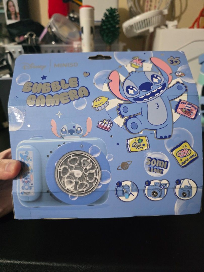 Disney Miniso Stitch Bubble Camera (Category: Designer & Blind Box Toys) located in Mandaluyong City. Submitted by kendykeyn (Listing ID 1455621949, Image 3). Description: - Cute blue bubble camera featuring Disney's Stitch. - Includes bubble solution and lace - Fun and easy-to-use toy for kids. - Perfect for outdoor play and bubbly fun!.