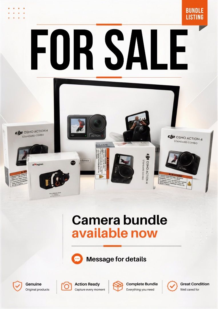 DJI Osmo Action 4 Standard Combo Camera Bundle (Category: Cameras) located in Dagupan City. Submitted by my.zmoh (Listing ID 1455502119, Image 1). Description: - DJI Osmo Action 4 Standard Combo - Complete package, everything you need included - Ready for any action and adventure - Genuine original products - PHP 13,500 each / a piece - Message for more details.