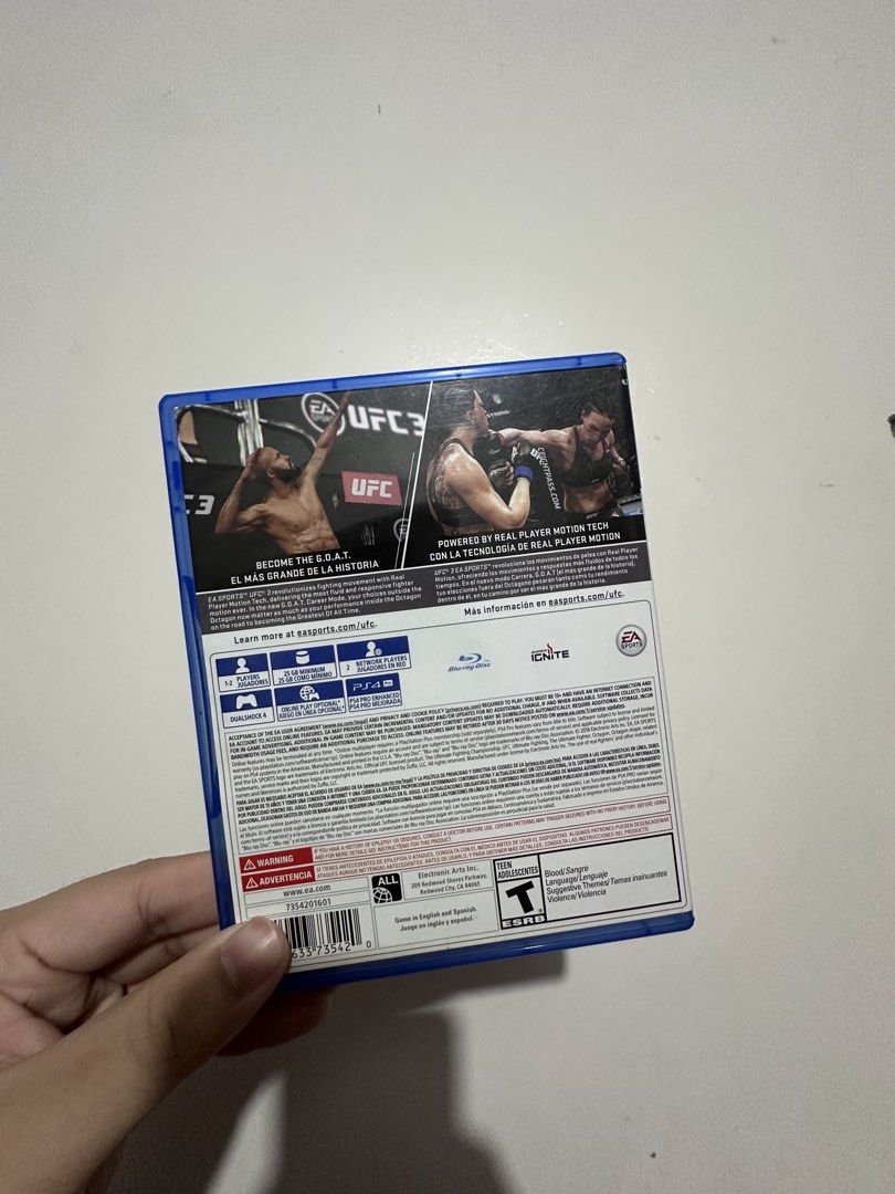 EA Sports UFC 3 PS4 Game (Category: PlayStation) located in Las Pinas. Submitted by treyyywayyy (Listing ID 1455641607, Image 2). Description: - EA Sports UFC 3 for PlayStation 4 - Fight your way to the top in intense MMA action - Features Real Player Motion Technology for realistic gameplay - Iconic cover star: Conor McGregor - A must-have for any MMA enthusiast.