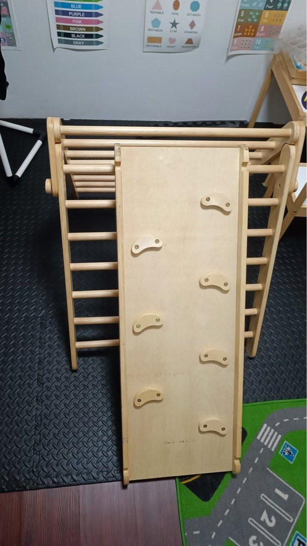 educratePh Easy fold Pickler triangle MAX with Jumbo Ramp and Climbing Frame(New version) (Category: Infant Playtime) located in Bulacan. Submitted by minimalistattorneymom (Listing ID 1455501260, Image 3). Description: - Complete Pikler triangle set: includes triangle climber, slide, and rock climbing wall. - Ideal for indoor active play, promoting gross motor skills. - Crafted from natural, durable wood. - Versatile slide attachment: can be pla
