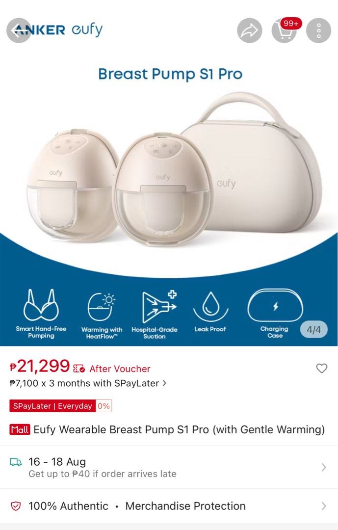 Eufy S1 Pro Breast Pump with Charging Case (Category: Breastfeeding & Bottle Feeding) located in Las Pinas. Submitted by _lacosmogirll_ (Listing ID 1455657328, Image 3). Description: - Eufy Smart Wearable Double Breast Pump Set - Includes convenient carry case - Connects to a phone app for monitoring left/right pump status and timer - Bought august 2026.