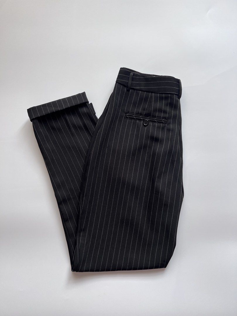 f21 pinstripe trousers (Category: Other Bottoms) located in Dasmarinas. Submitted by pinex (Listing ID 1455621209, Image 1). Description: - forever21 black pinstriped trousers - cuffed hem - L: 38in - W: 13.5in laid flat.