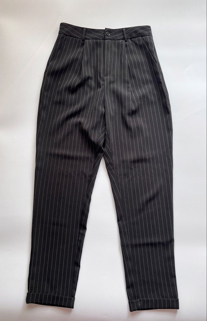 f21 pinstripe trousers (Category: Other Bottoms) located in Dasmarinas. Submitted by pinex (Listing ID 1455621209, Image 2). Description: - forever21 black pinstriped trousers - cuffed hem - L: 38in - W: 13.5in laid flat.