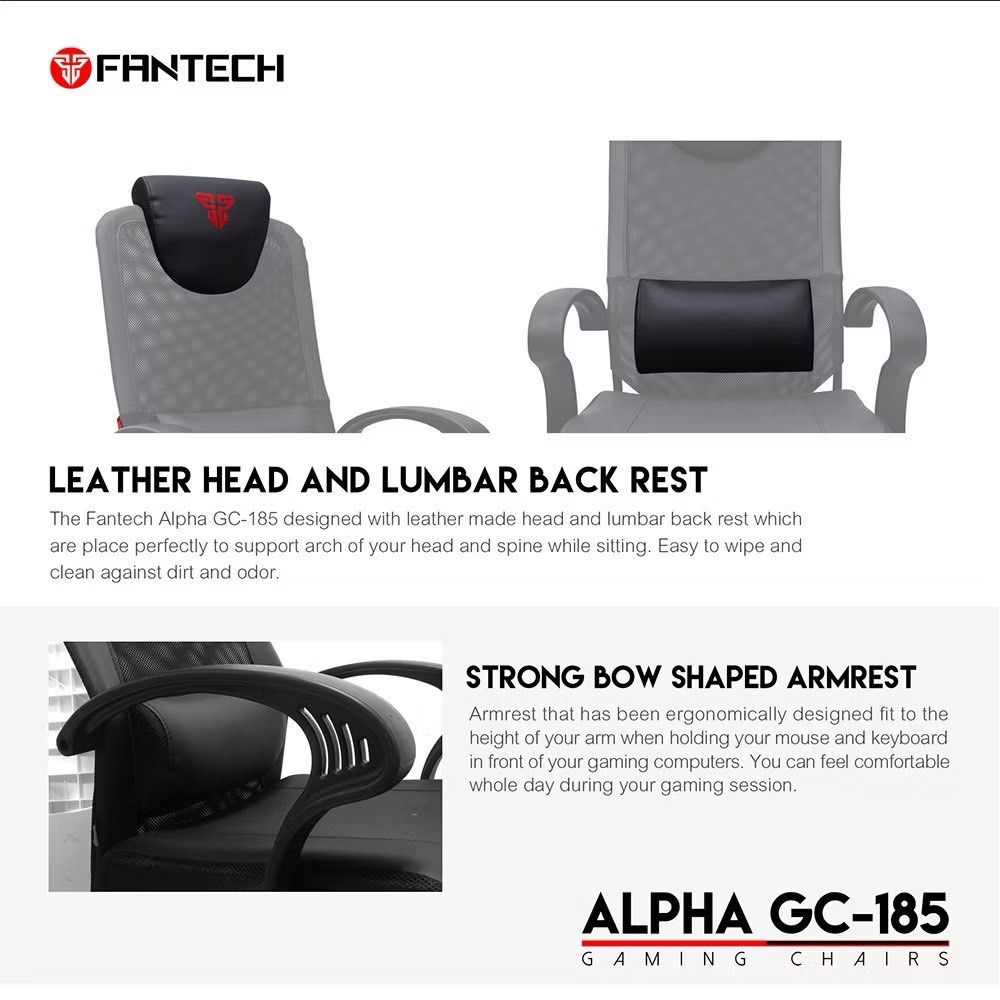 Fantech Alpha GC-185 Gaming Chair (Category: Chairs) located in Marikina City. Submitted by heytofu (Listing ID 1455673019, Image 3). Description: - Fantech Alpha GC-185 Gaming Chair - Comfortable leather head and lumbar rests - Ergonomic bow-shaped armrests - Breathable mesh back for ventilation - Ideal for extended gaming sessions - Easy to wipe clean.