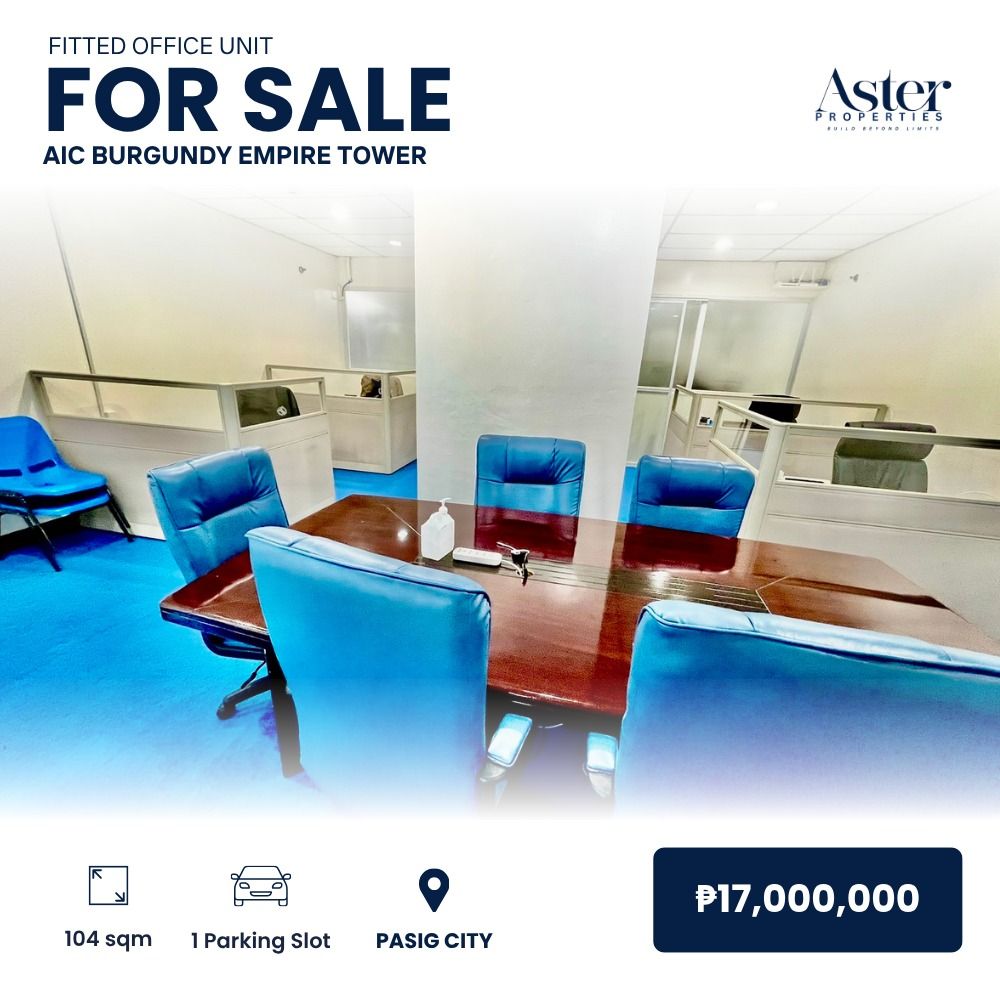 FOR SALE | Fitted Office Unit (Category: Commercial) located in Manila. Submitted by asterproperties (Listing ID 1455617051, Image 1). Description: FOR SALE | Fitted Office Unit Whether you're looking for your next property or a valuable investment, this could be the opportunity you've been waiting for! 📍 AIC Burgundy Empire Tower, Pasig Floor Area: 104 sqm Price: ₱17,000,000 Property ID: P081 Reserve this property before it’s gone! .