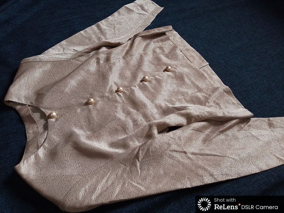 Gold Textured Blazer with Pearls Button Japan Made (Category: Coats, Jackets and Outerwear) located in Bulacan. Submitted by ton0774 (Listing ID 1455544613, Image 2). Description: Gold Textured Blazer with Pearls Button Japan Made The sizes shown in picture above are measure while the blaze laid flat In Great Condition isusuot nalang Size is medium No return & Cancellation 400 Pesos only Pulilan Bulacan Area.