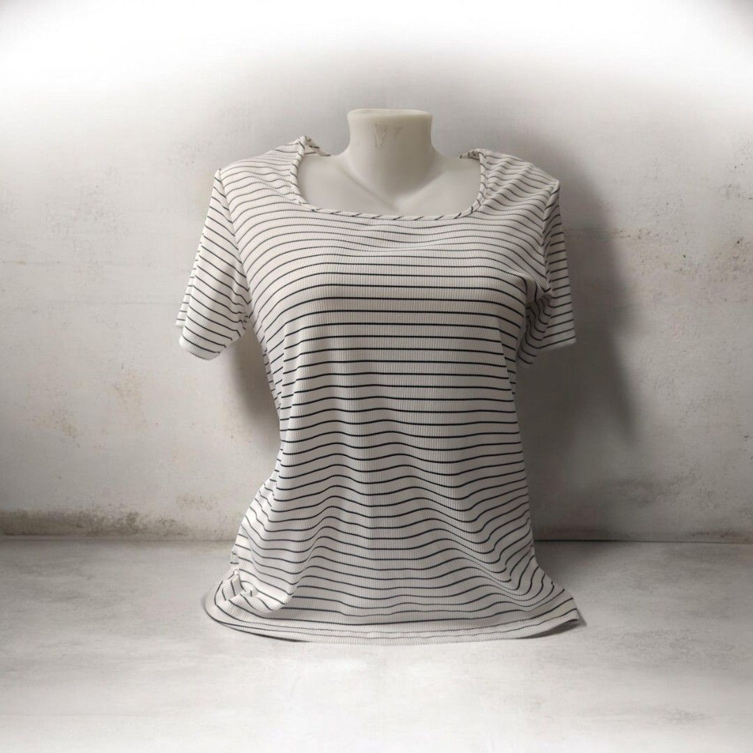 Grab a Tee Striped T-shirt Size S (Category: Tshirts & Polo Shirts ) located in Antipolo. Submitted by goodsinger (Listing ID 1455577545, Image 1). Description: - White t-shirt with subtle thin black stripes - Features a comfortable ribbed texture - Short sleeves and a flattering scoop neckline - Ideal for casual, everyday outfits - Get yours now!.